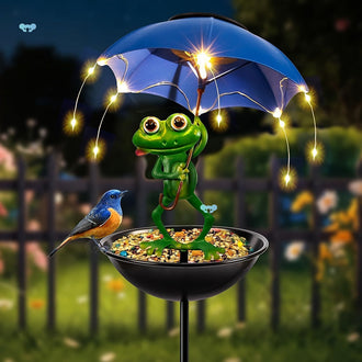 Solar Powered Metal Frog with Umbrella Bird Feeder