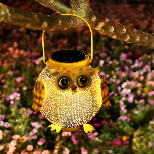Solar Powered Metal Owl LED Lantern Light - Weatherproof Outdoor Patio Garden Decor Lighting