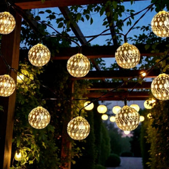 Solar Powered Moroccan‑Style Iron Ball String Lights - Waterproof Outdoor Garden Patio Lighting