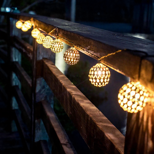 Solar Powered Moroccan Style Iron Ball String Lights - Waterproof Outdoor Garden Patio Lighting