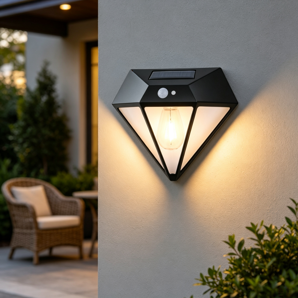 Solar Powered Motion Sensor Diamond Shaped Outdoor Wall Light - Waterproof Exterior Wall Lamp for Patio Porch Garden Yard