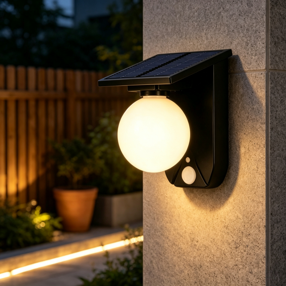 Solar Powered Motion Sensor Globe Ball Outdoor Wall Light - Waterproof Wall Lamp for Fence Patio Porch Garden Yard