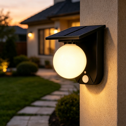 Solar Powered Motion Sensor Globe Ball Outdoor Wall Light - Waterproof Wall Lamp for Fence Patio Porch Garden Yard