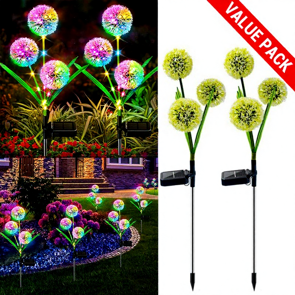 Solar Powered Multicolor LED Dandelion Stake Light  -  2 Pack, Weatherproof Outdoor Lawn Pathway Garden Lighting