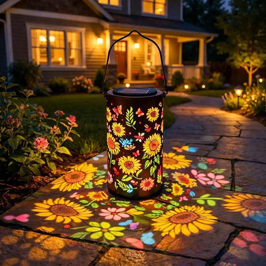 Solar Powered Multicolor LED Sunflower Metal Lantern  -  Weatherproof Patio & Deck Lighting