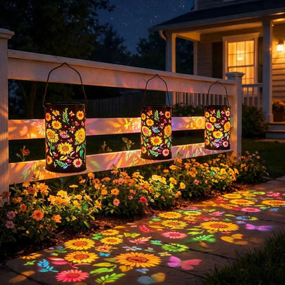 Solar Powered Multicolor LED Sunflower Metal Lantern  -  Weatherproof Patio & Deck Lighting
