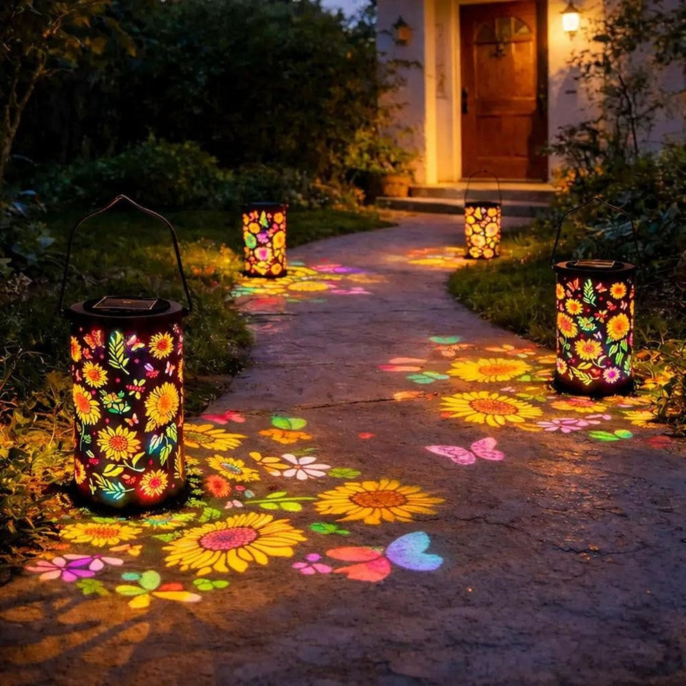 Solar Powered Multicolor LED Sunflower Metal Lantern  -  Weatherproof Patio & Deck Lighting