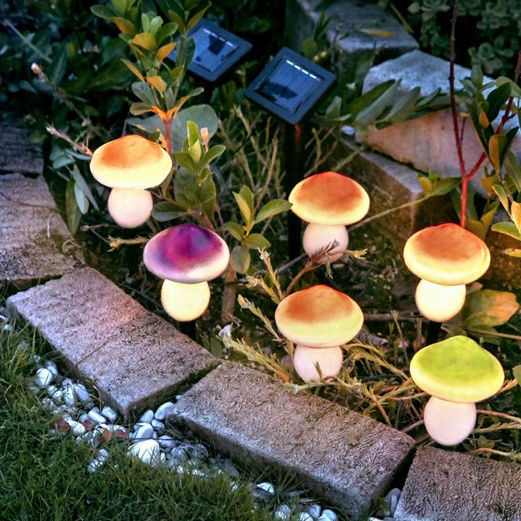 Solar Powered Mushroom LED Stake Lights - Weatherproof Outdoor Lawn Pathway Garden Lighting
