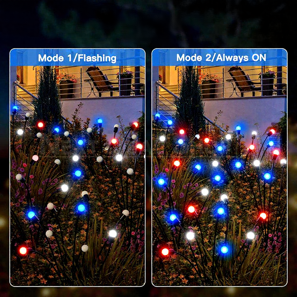 Solar Powered Patriotic LED Firefly Stake Lights -  Waterproof Outdoor Lawn Patio Garden Lighting