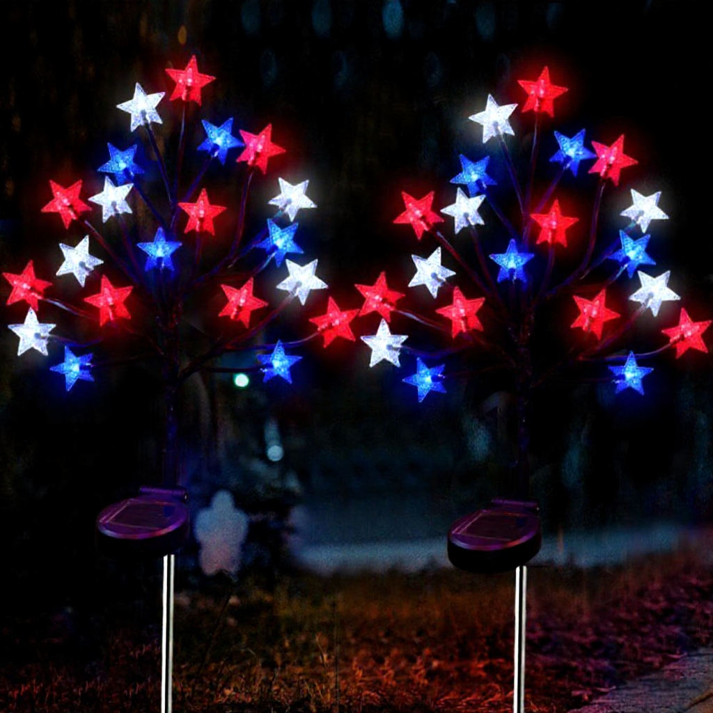 Solar Powered Patriotic Red-White-Blue LED Star Stake Lights - Weatherproof Lawn & Pathway Lighting
