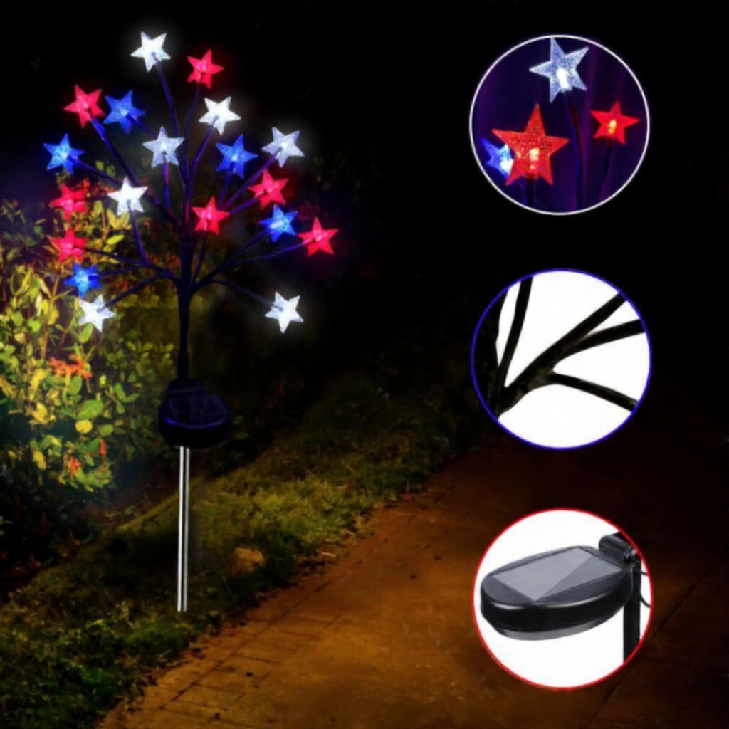 Solar Powered Patriotic Red-White-Blue LED Star Stake Lights - Weatherproof Lawn & Pathway Lighting
