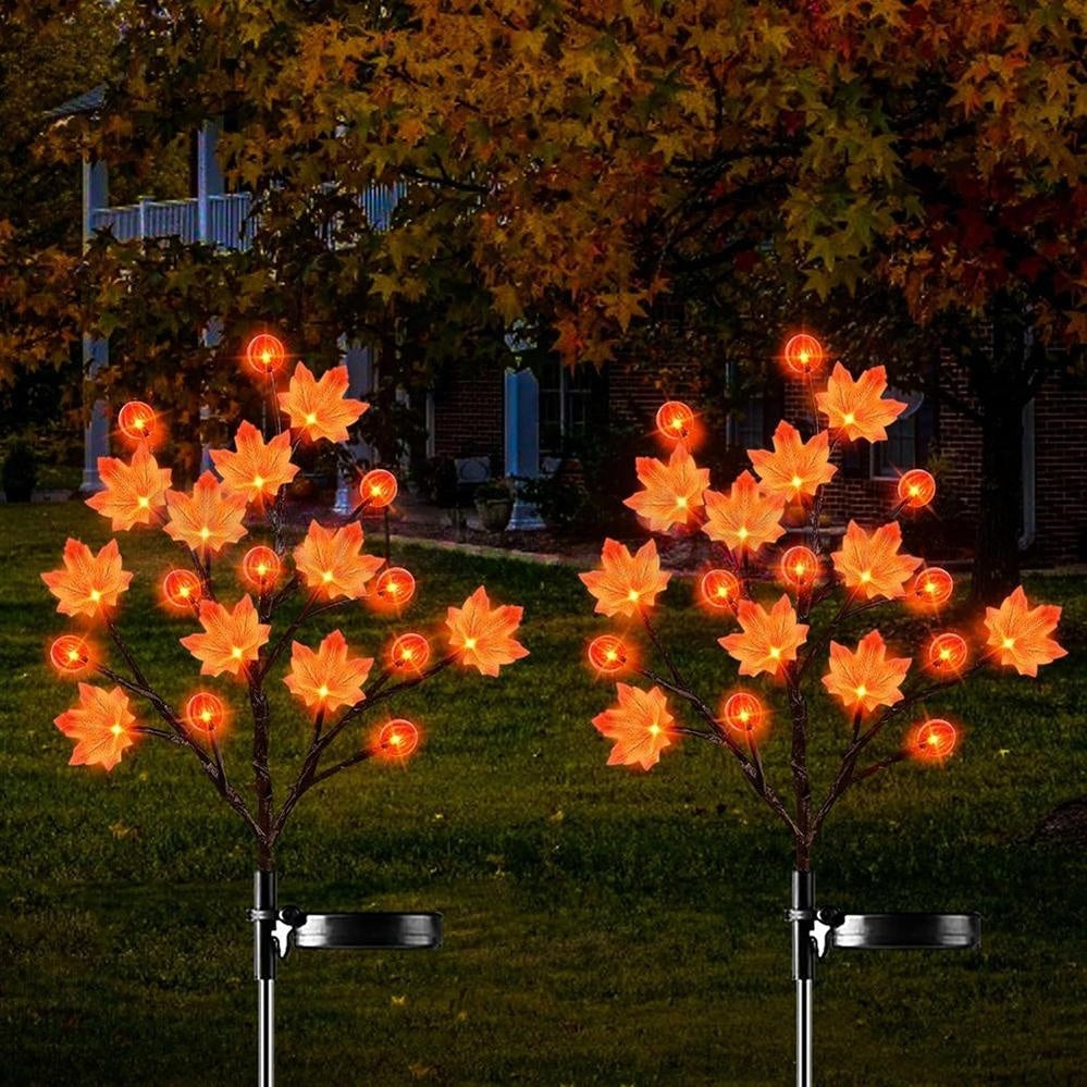 Solar Powered Pumpkin Maple Leaf Stake Light ‑ Waterproof Outdoor Yard Garden Lawn Pathway Halloween Thanksgiving Fall Decor Lighting