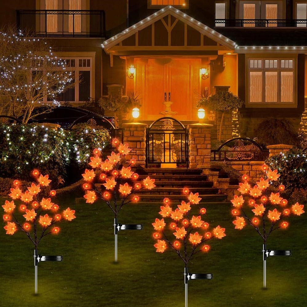 Solar Powered Pumpkin Maple Leaf Stake Light ‑ Waterproof Outdoor Yard Garden Lawn Pathway Halloween Thanksgiving Fall Decor Lighting