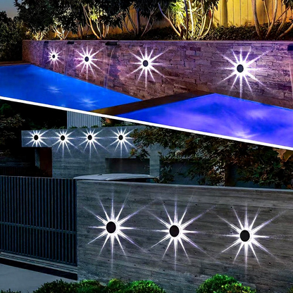 Solar Powered Starburst LED Wall Light - Weatherproof Outdoor Patio Exterior Lighting