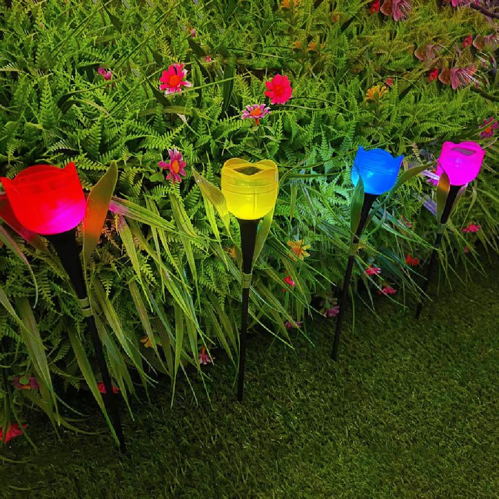 Solar Powered Tulip Flower Garden Stake Light - 4 Pcs, Weatherproof Yard Lawn Flower Bed Patio Outdoor Decor Lighting