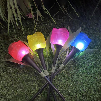 Solar Powered Tulip Flower Garden Stake Light - 4 Pcs, Weatherproof Yard Lawn Flower Bed Patio Outdoor Decor Lighting