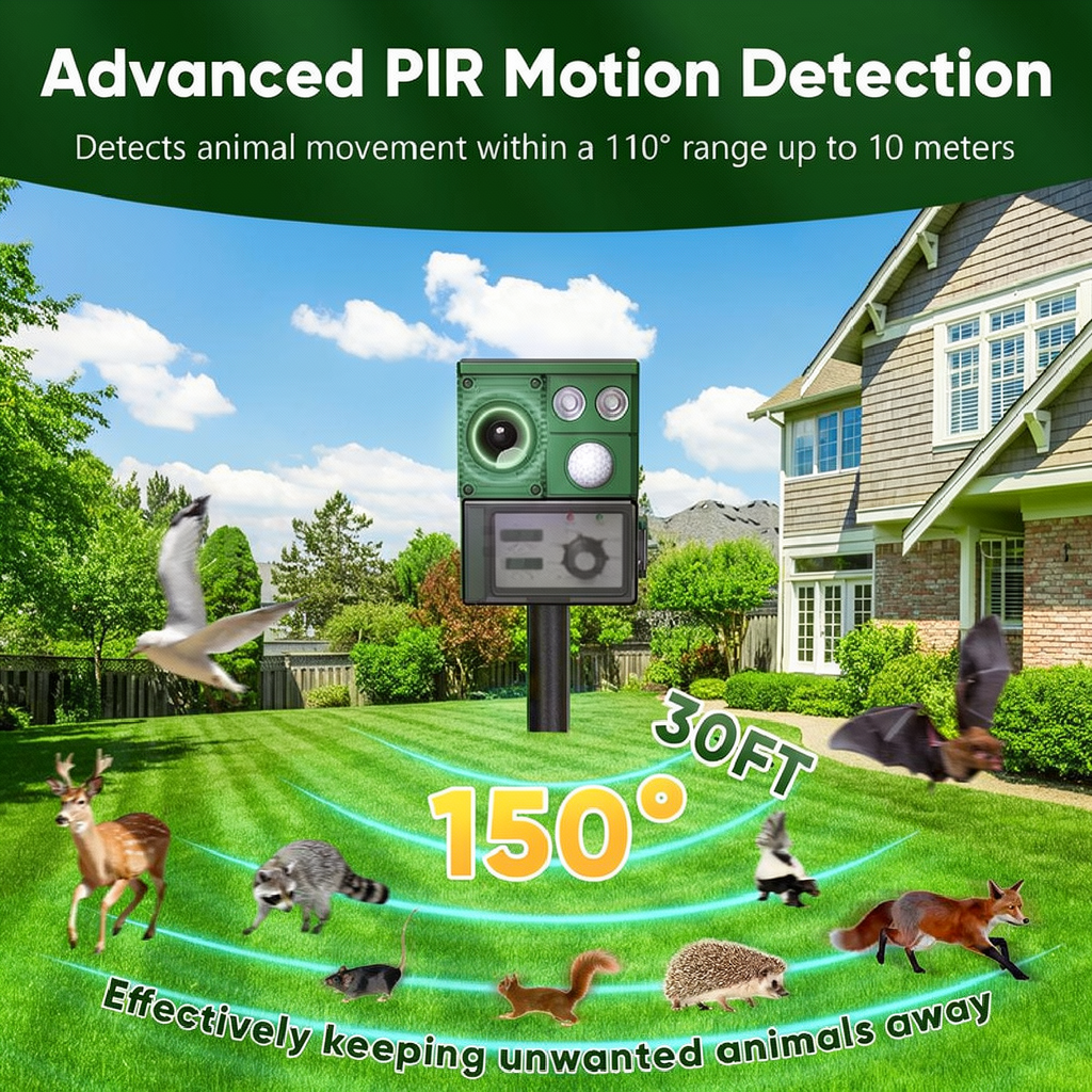 Solar Powered Ultrasonic Animal Repellent Device - Weatherproof Yard Garden Outdoor Pest Animal Deterrent