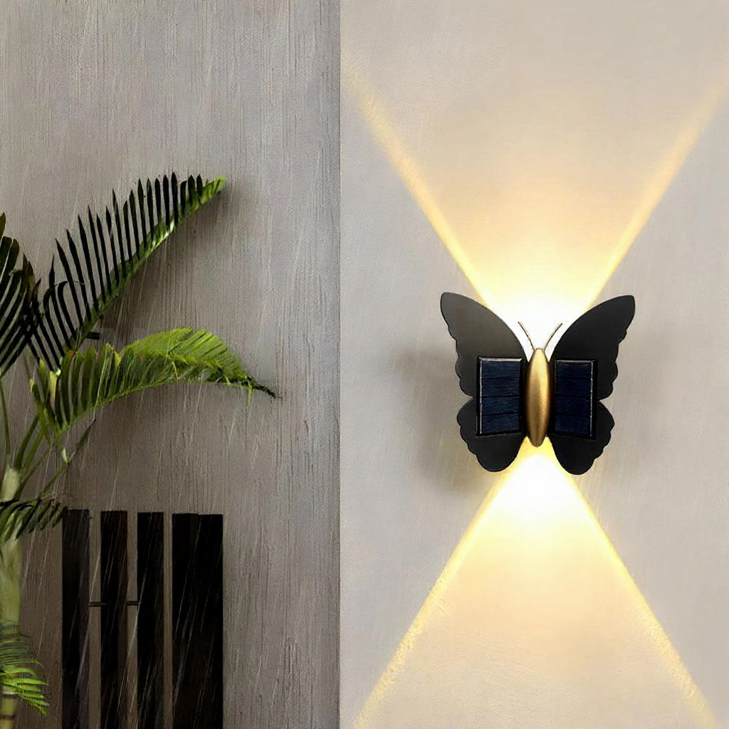 Solar Powered Up & Down Warm White LED Butterfly Wall Lights - Weatherproof Patio & Fence Lighting