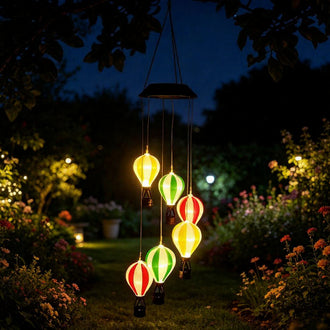 Solar Powered Warm LED Hot‑Air‑Balloon Wind‑Chime Lights ‑ Weatherproof Patio Hanging Lighting