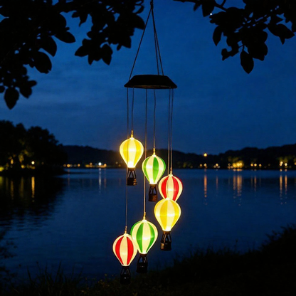 Solar Powered Warm LED Hot Air Balloon Wind Chime Lights  -  Weatherproof Patio Hanging Lighting