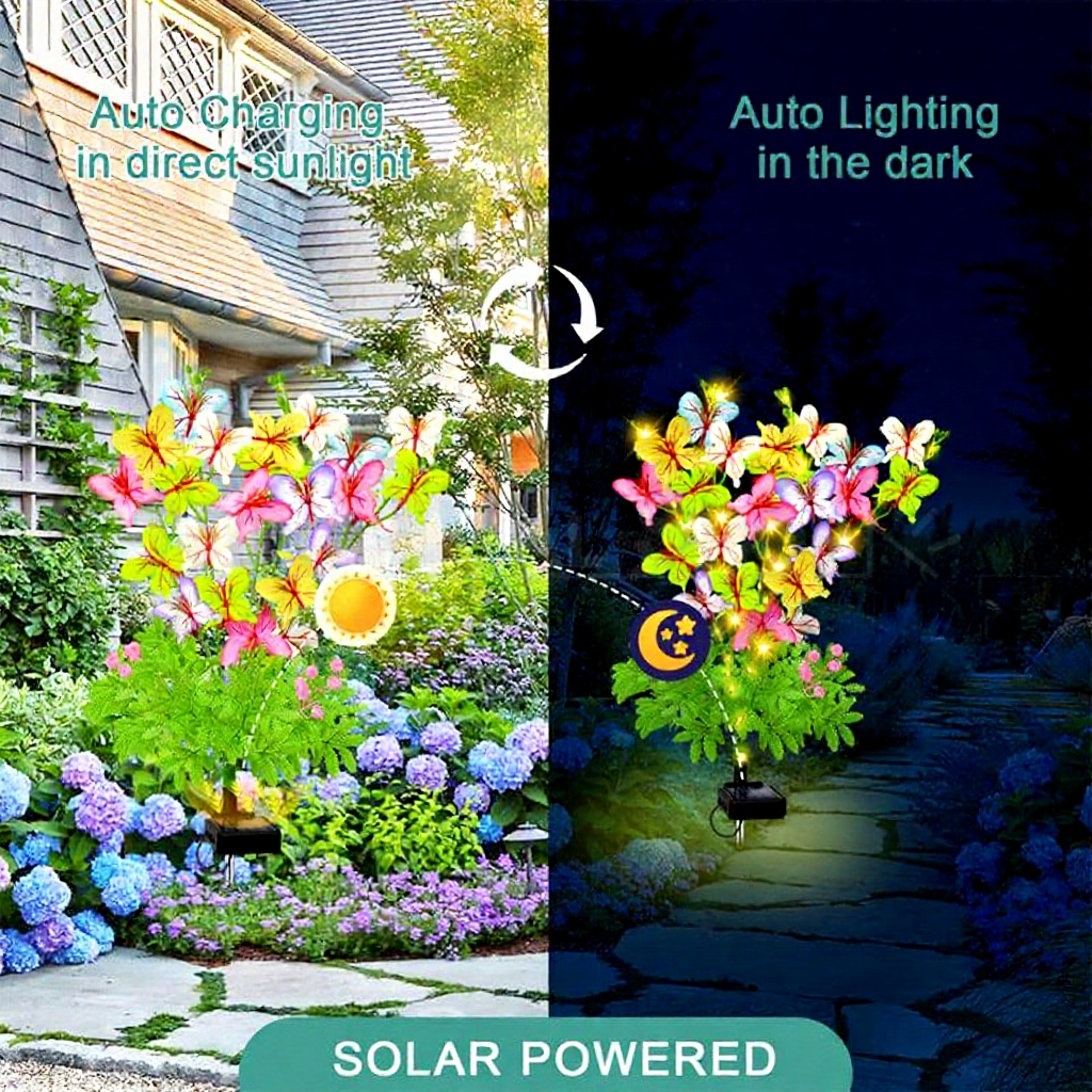 Solar Powered Warm White LED Butterfly Stake Light  -  2 Pack, Weatherproof Outdoor Lawn Pathway Garden Lighting