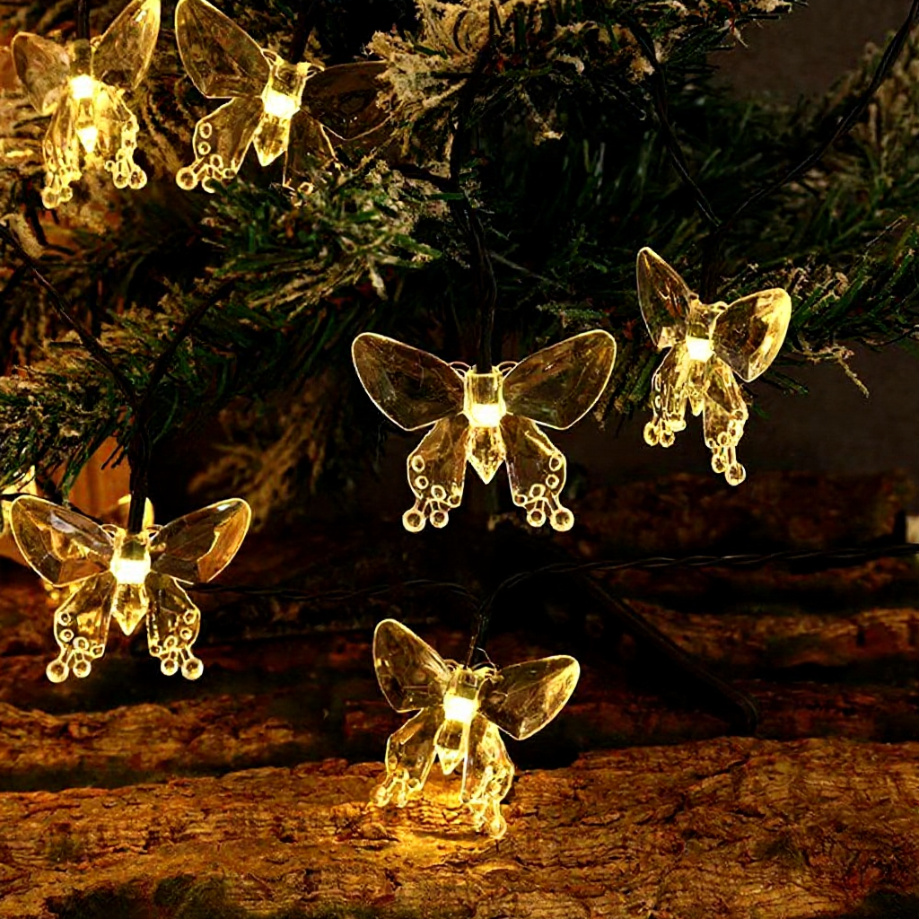 Solar Powered Warm White LED Butterfly String Lights  -  Weatherproof Patio & Tree Accent Lighting