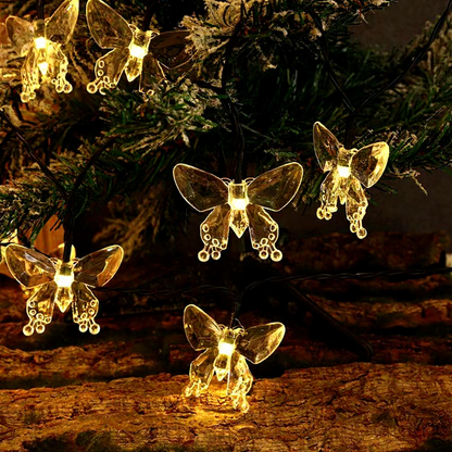 Solar Powered Warm White LED Butterfly String Lights  -  Weatherproof Patio & Tree Accent Lighting