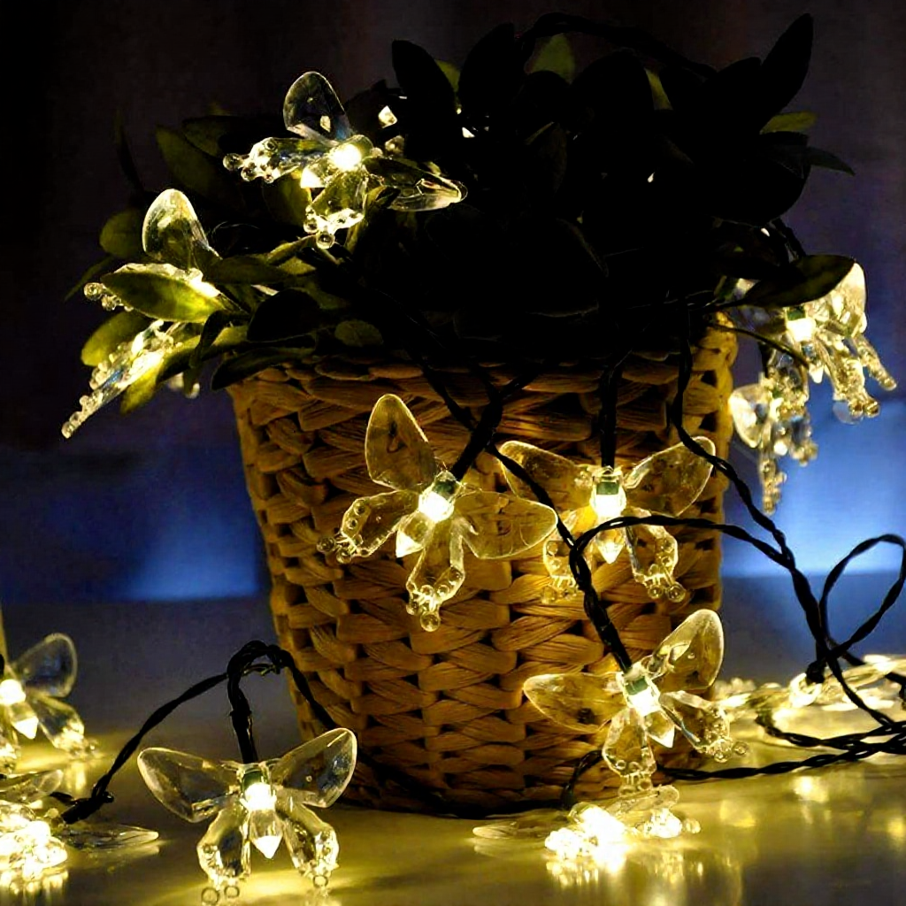Solar Powered Warm White LED Butterfly String Lights  -  Weatherproof Patio & Tree Accent Lighting