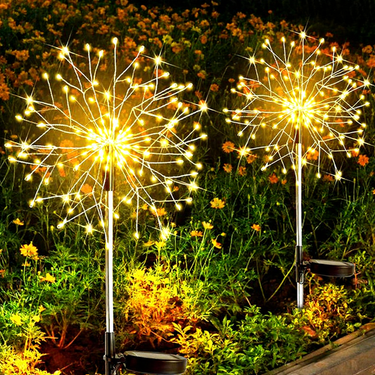 Solar Powered Warm White LED Dandelion Firework Stake Light - Weatherproof Outdoor Lawn Pathway Garden Lighting