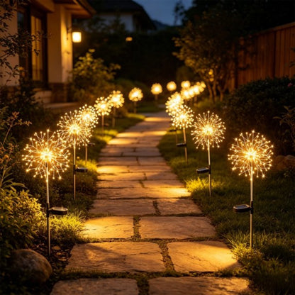 Solar Powered Warm White LED Dandelion Firework Stake Light - Weatherproof Outdoor Lawn Pathway Garden Lighting