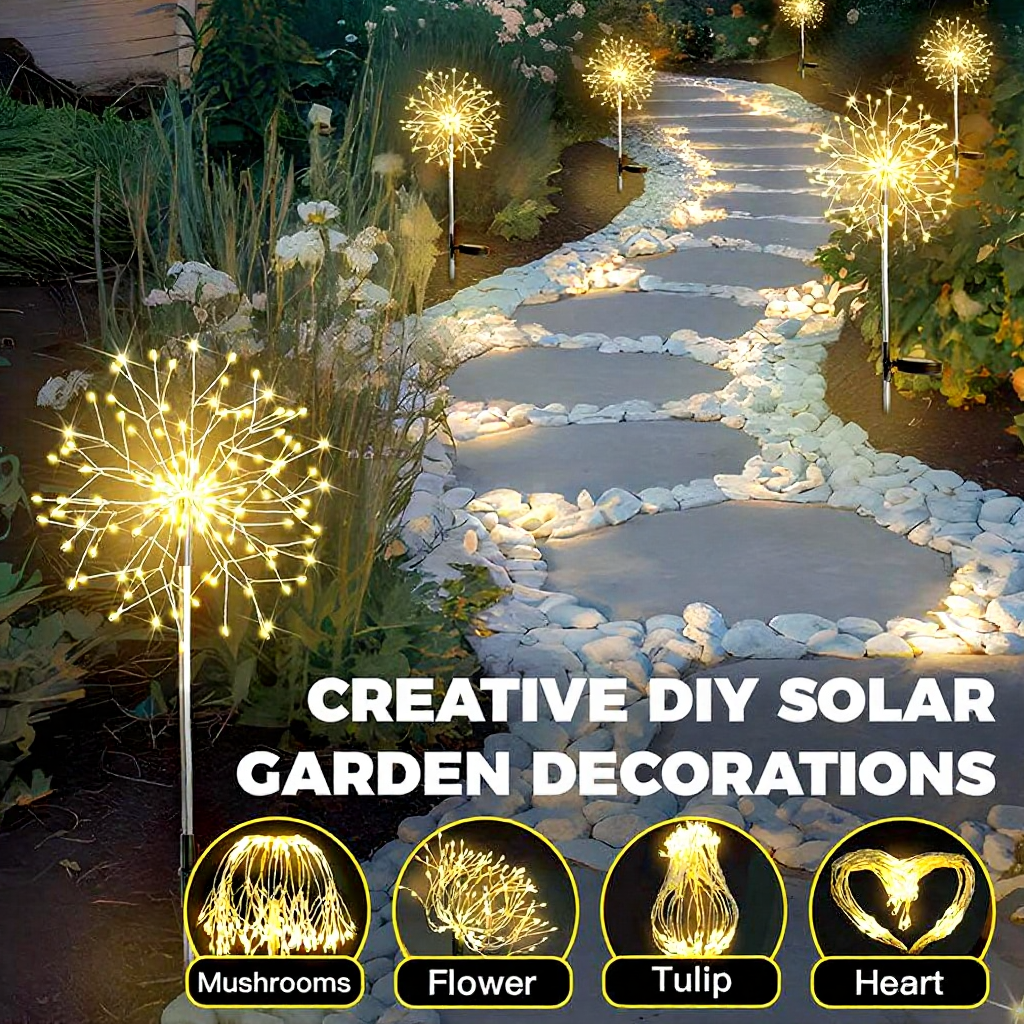 Solar Powered Warm White LED Dandelion Firework Stake Light - Weatherproof Outdoor Lawn Pathway Garden Lighting