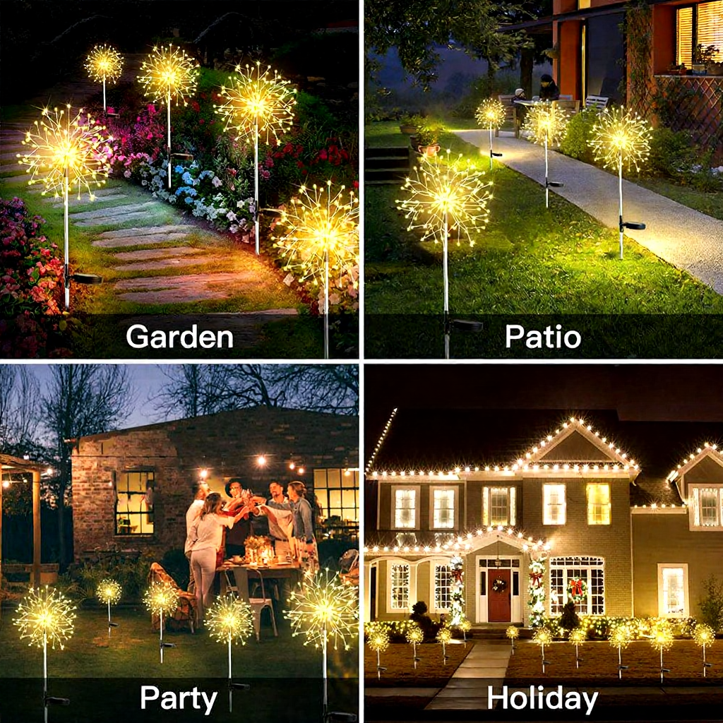 Solar Powered Warm White LED Dandelion Firework Stake Light - Weatherproof Outdoor Lawn Pathway Garden Lighting