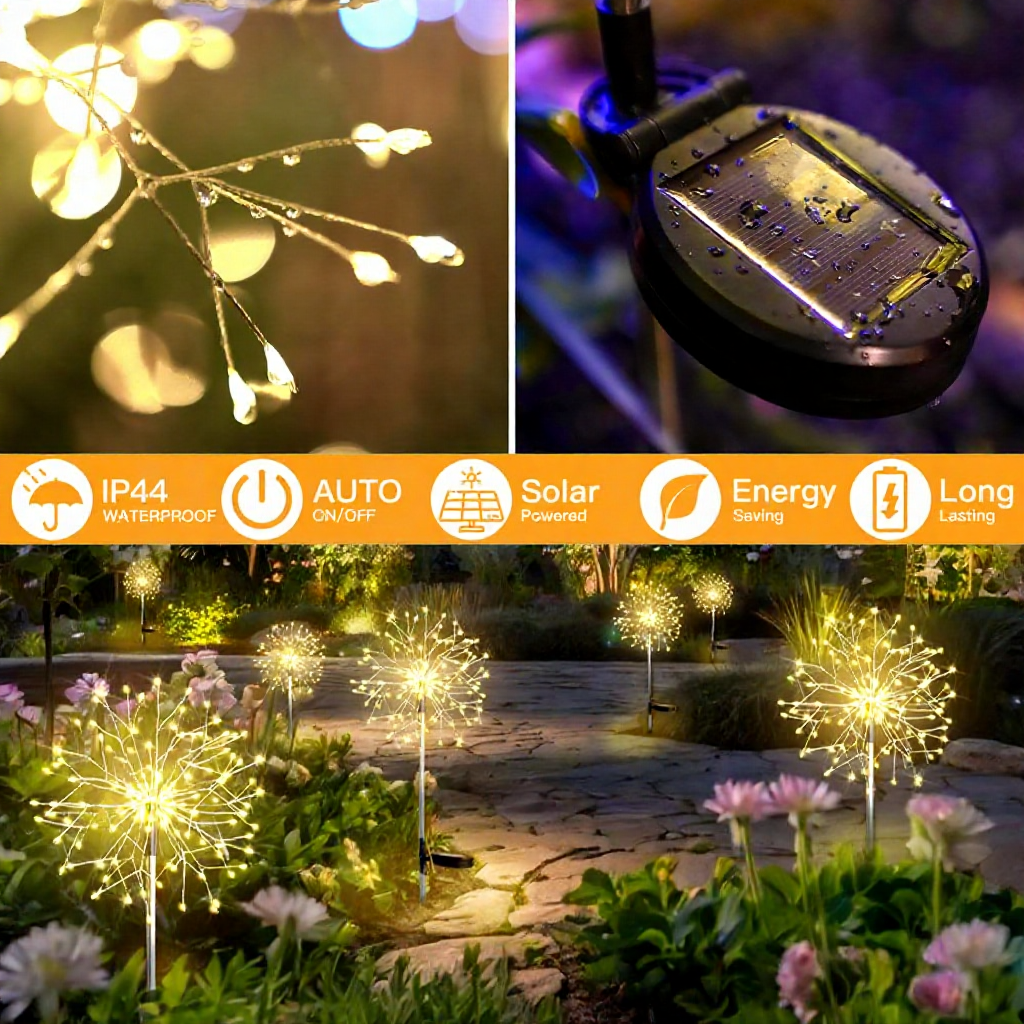 Solar Powered Warm White LED Dandelion Firework Stake Light - Weatherproof Outdoor Lawn Pathway Garden Lighting