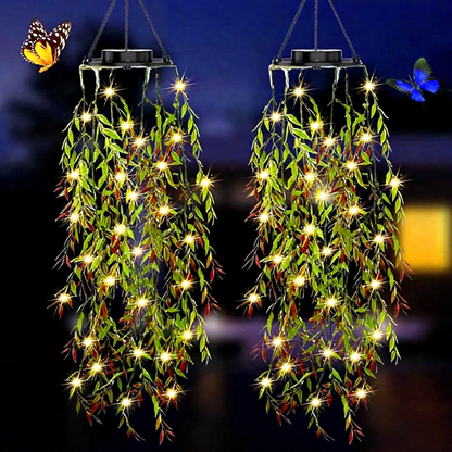 Solar Powered Warm White LED Dangling Bamboo Leaf Lights - Weatherproof Patio Lighting