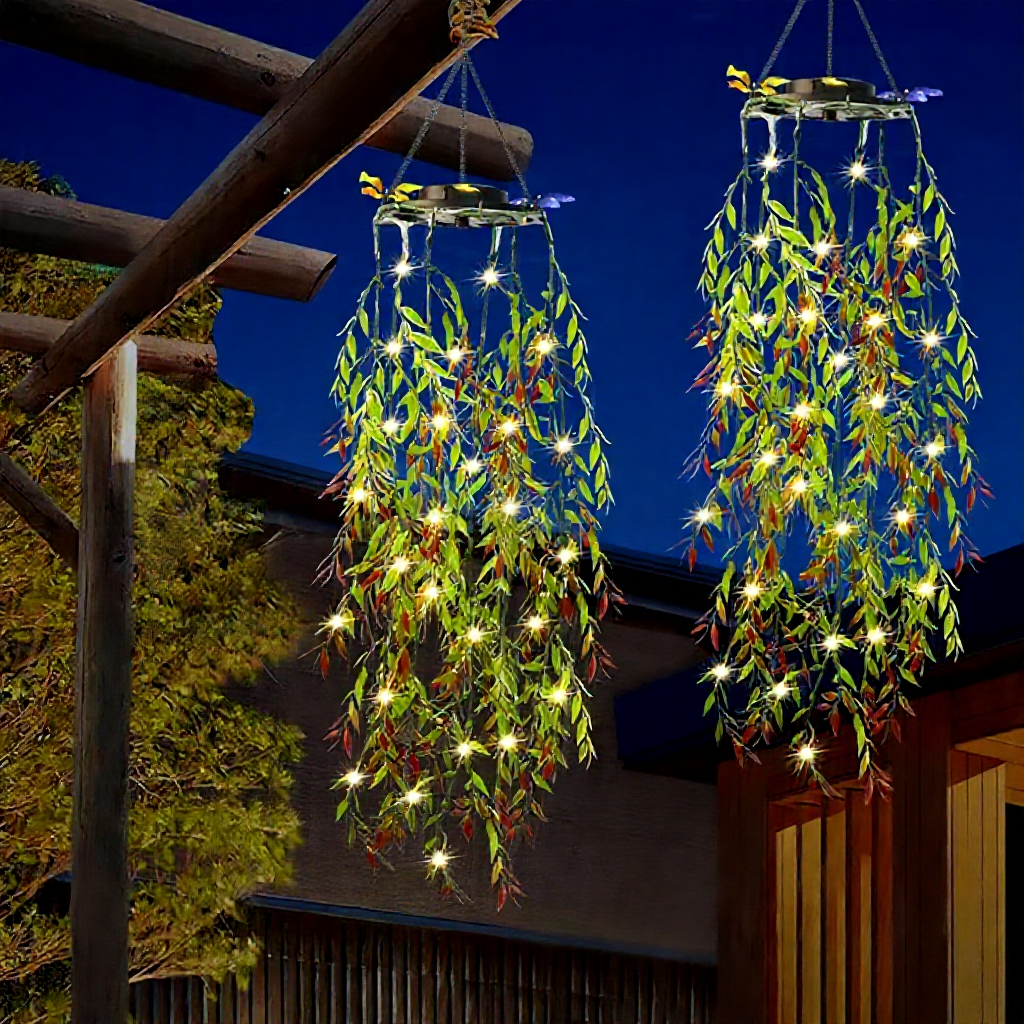 Solar Powered Warm White LED Dangling Bamboo Leaf Lights - Weatherproof Patio Lighting