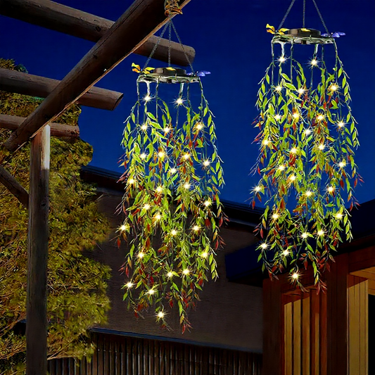 Solar Powered Warm White LED Dangling Bamboo Leaf Lights - Weatherproof Patio Lighting