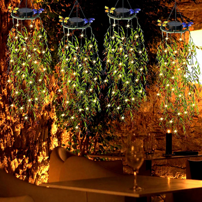 Solar Powered Warm White LED Dangling Bamboo Leaf Lights - Weatherproof Patio Lighting