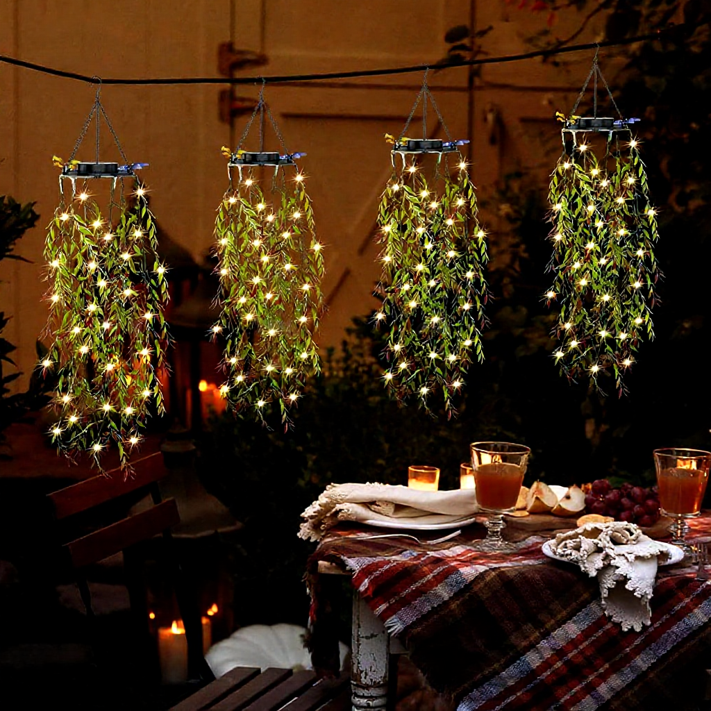 Solar Powered Warm White LED Dangling Bamboo Leaf Lights - Weatherproof Patio Lighting