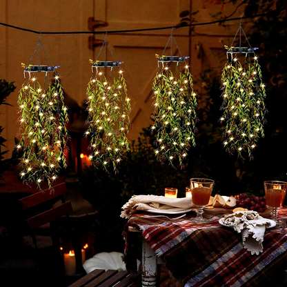 Solar Powered Warm White LED Dangling Bamboo Leaf Lights - Weatherproof Patio Lighting