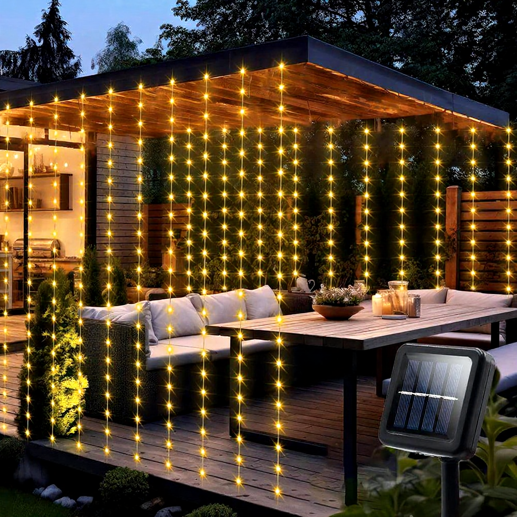 Solar Powered Warm White LED Fairy Curtain Lights, - Waterproof Outdoor Window Patio Garden Holiday Lighting