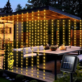 Solar Powered Warm White LED Fairy Curtain Lights, - Waterproof Outdoor Window Patio Garden Holiday Lighting