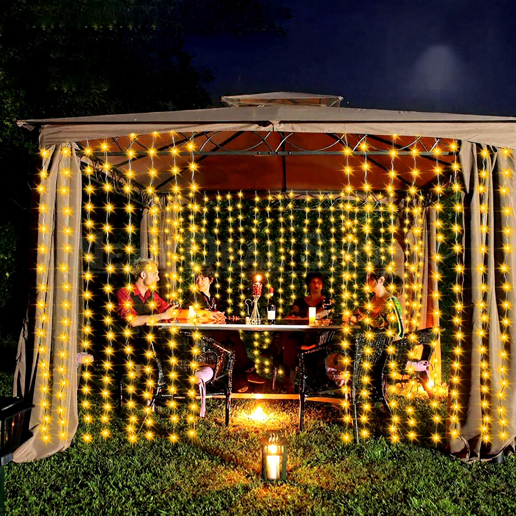Solar Powered Warm White LED Fairy Curtain Lights, - Waterproof Outdoor Window Patio Garden Holiday Lighting