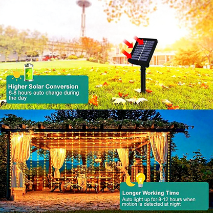 Solar Powered Warm White LED Fairy Curtain Lights, - Waterproof Outdoor Window Patio Garden Holiday Lighting
