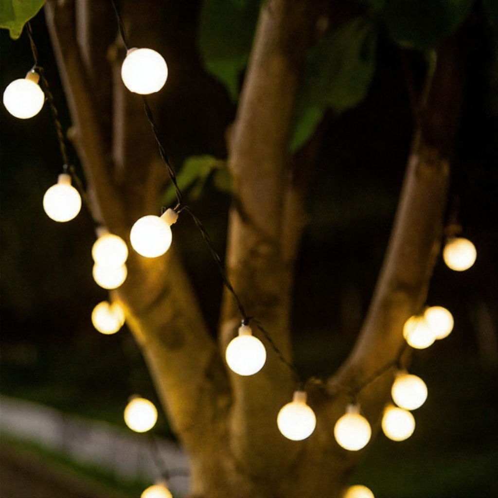 Solar Powered Warm White LED Globe String Lights - 23 ft, 50 LED, Weatherproof Outdoor Home Holiday Garden Party Decor Lighting