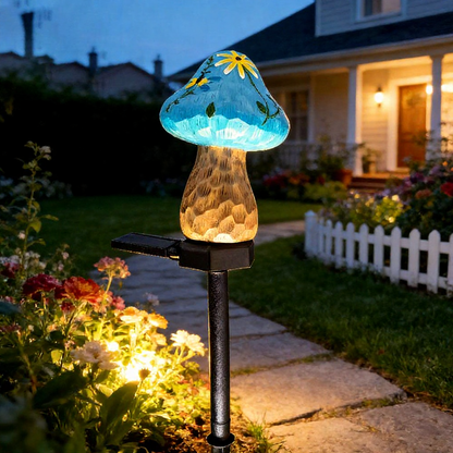 Solar Powered Warm White LED Mushroom Garden Stake Light  -  Weatherproof Lawn & Pathway Lighting