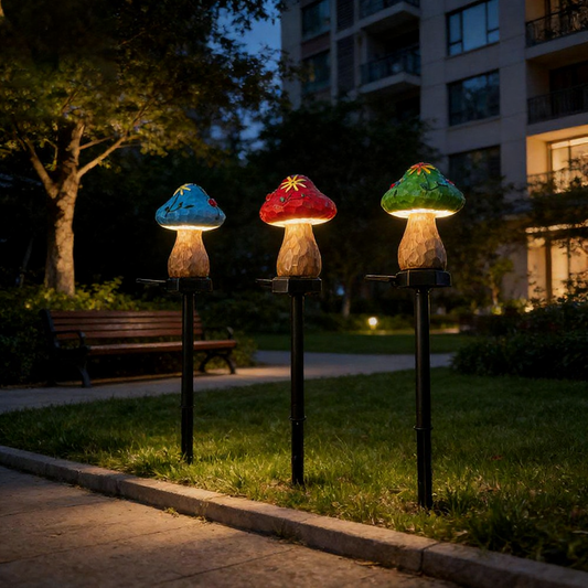 Solar Powered Warm White LED Mushroom Garden Stake Light - Weatherproof Lawn & Pathway Lighting
