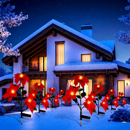 Solar Powered Warm White LED Poinsettia Flower Stake Light - 2 Pack, Weatherproof Outdoor Lawn Pathway Holiday Garden Lighting