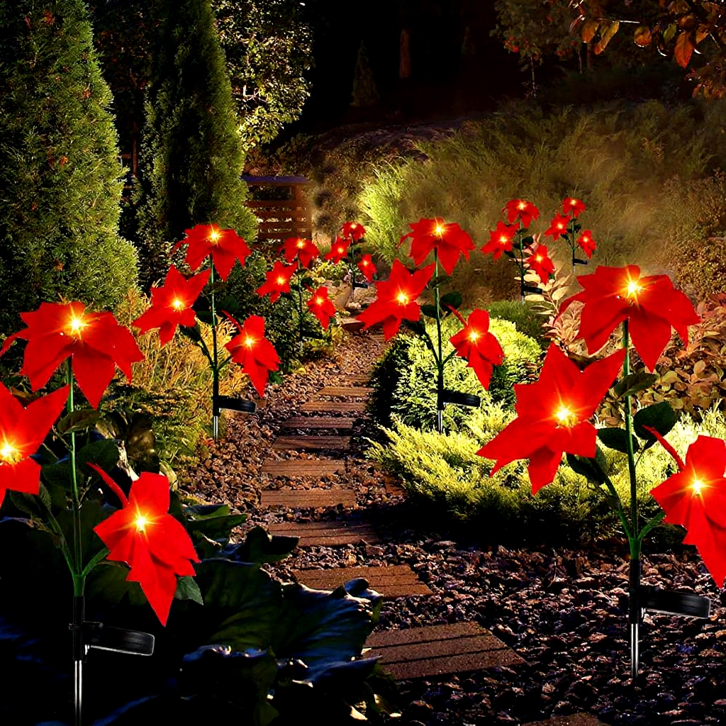 Solar Powered Warm White LED Poinsettia Flower Stake Light - 2 Pack, Weatherproof Outdoor Lawn Pathway Holiday Garden Lighting