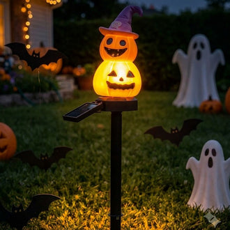 Solar Powered Warm White LED Pumpkin Witch Garden Stake Lights‑Weatherproof Halloween Pathway & Yard Lighting