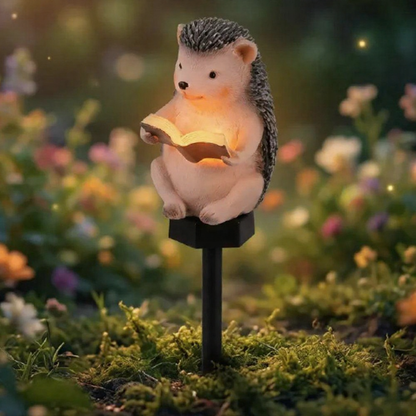 Solar Powered Warm White LED Reading Hedgehog Garden Stake Light  -  Weatherproof Flower Bed & Yard Lighting